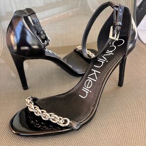Calvin Klein Black Heels with Silver Chain Accent
